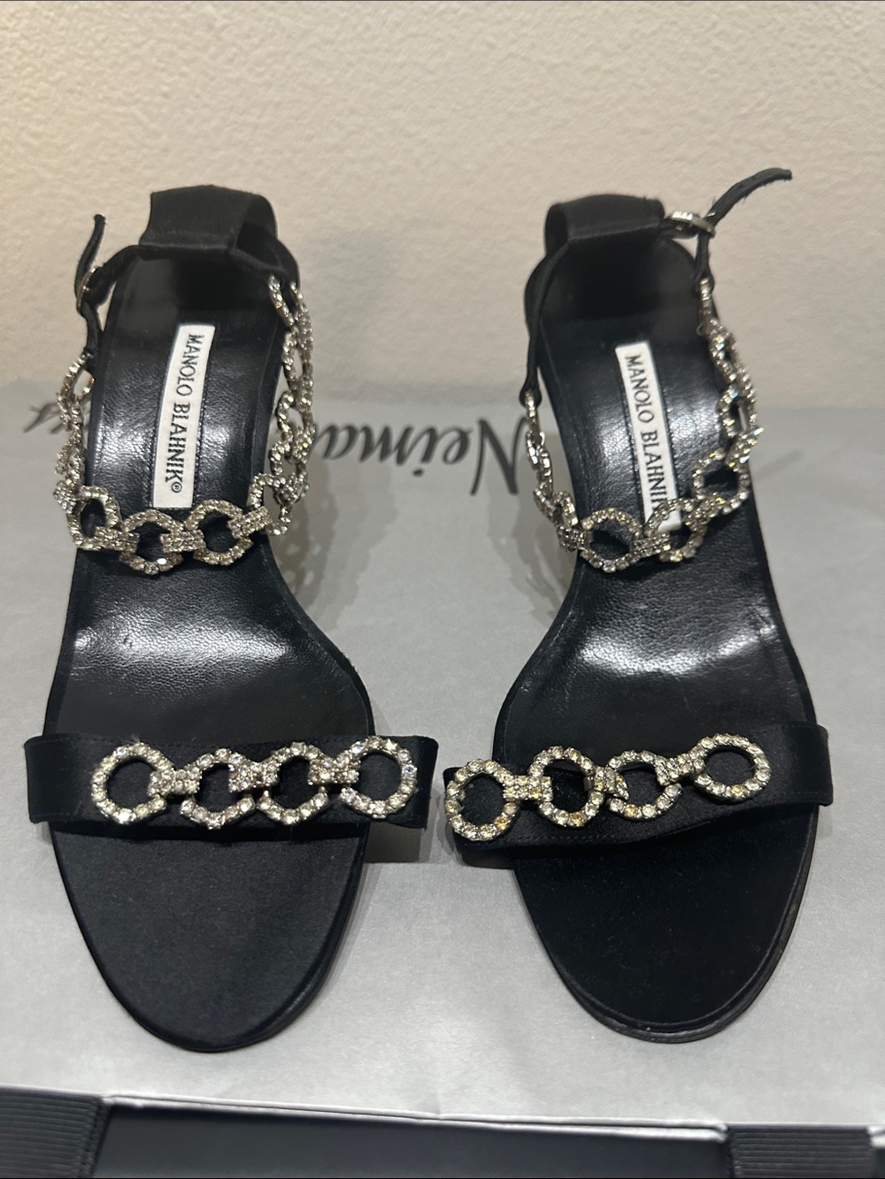 Manolo Blahnik Black Satin Crystal Chain Strap Sandals 39.5